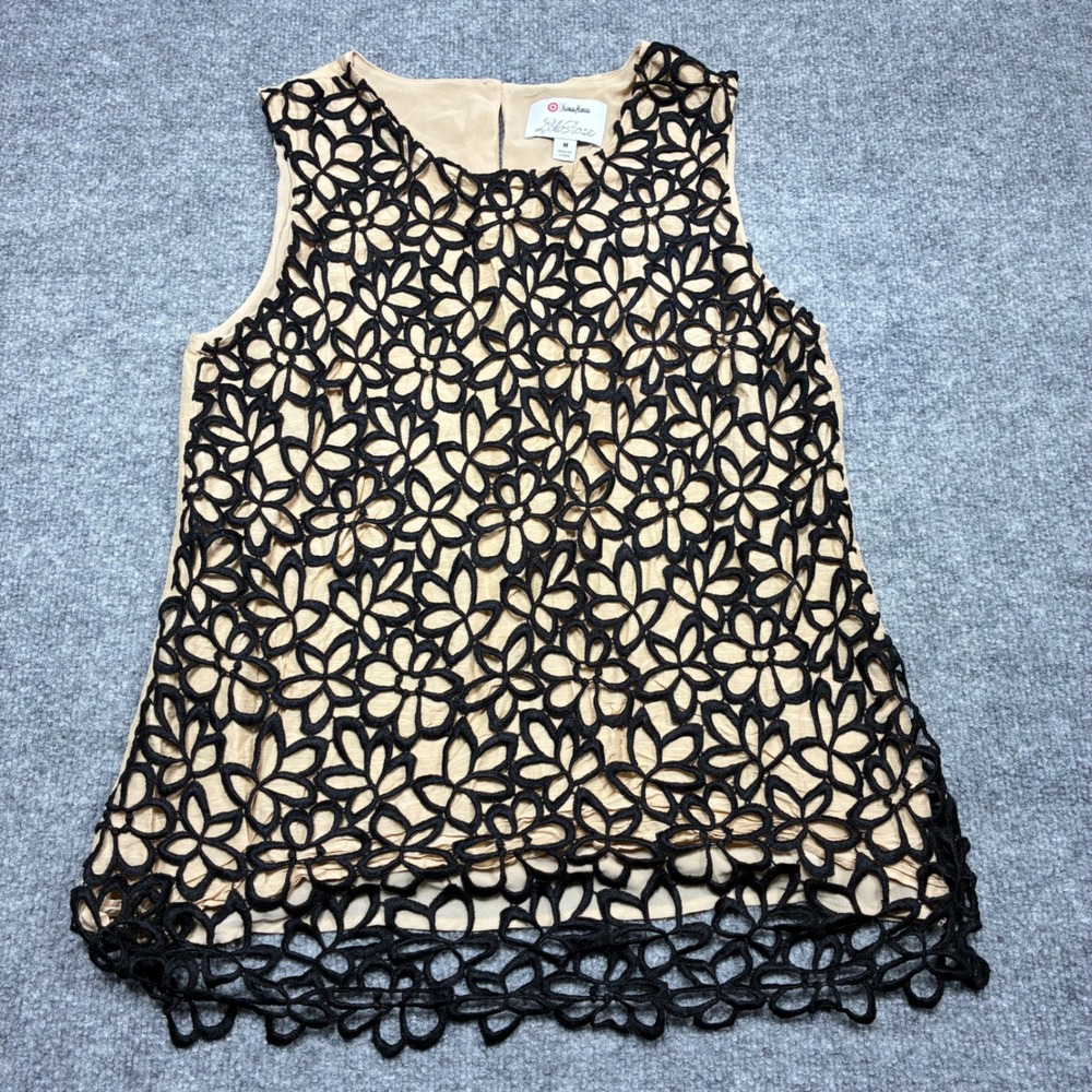 Neiman Marcus‎ Lila Rose Black Floral Overlay Sheer Blouse Top Womens Medium